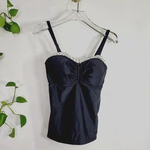 CATALINO Black White Ruffle Swim Bikini Tank Top S Polka‎ Dot Trim Bathing Suit